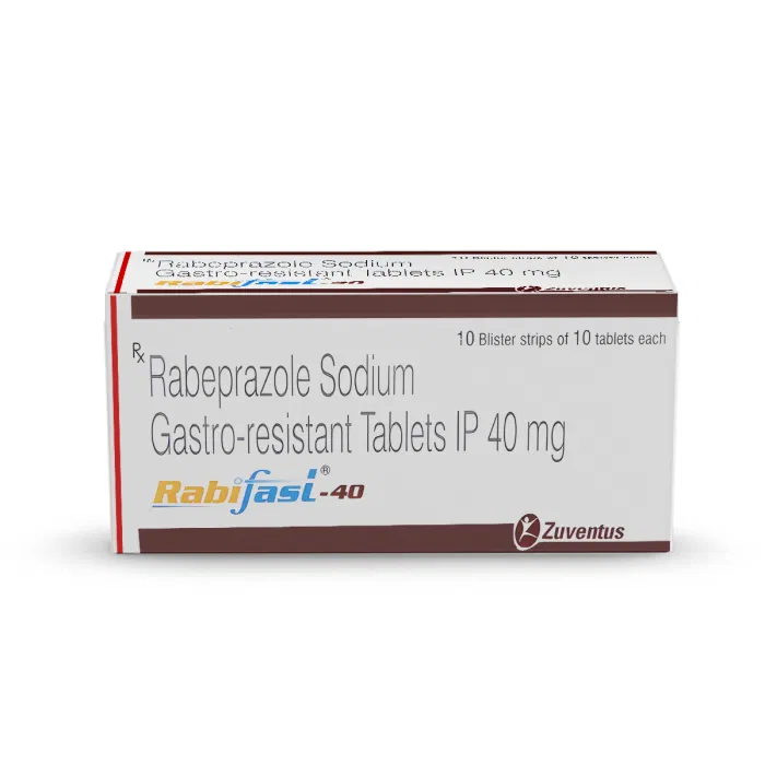 Rabifast 40 Tablet Box/Carton + Blister Pack showing the Front face.