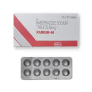 Rabium 40 Tablet Box/Carton + Blister Pack showing the Front face.