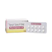 Ramipres 5 Mg Box/Carton + Blister Pack showing the Front face.