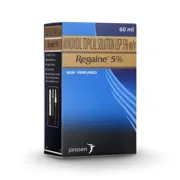 Regaine 5% Solution 60 ml Box/Carton showing the Front face.