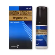 Regaine 5% Solution 60 ml Box/Carton + Bottle showing the Front face.