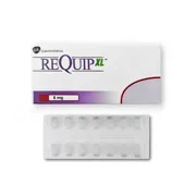 Requip XL 8 Mg Box/Carton + Blister Pack showing the Front face.