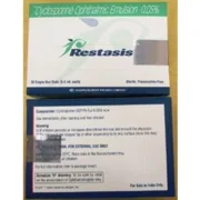 Restasis 0.05% Ophthalmic Emulsion 0.4ml Box/Carton showing the Front and Back face.