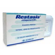 Restasis 0.05% Ophthalmic Emulsion 0.4ml Box/Carton showing the Front face.