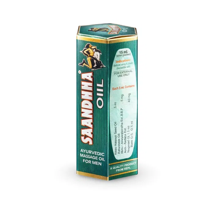 Saandha Oil 15 ml Bottle Box/Carton showing the Front face.