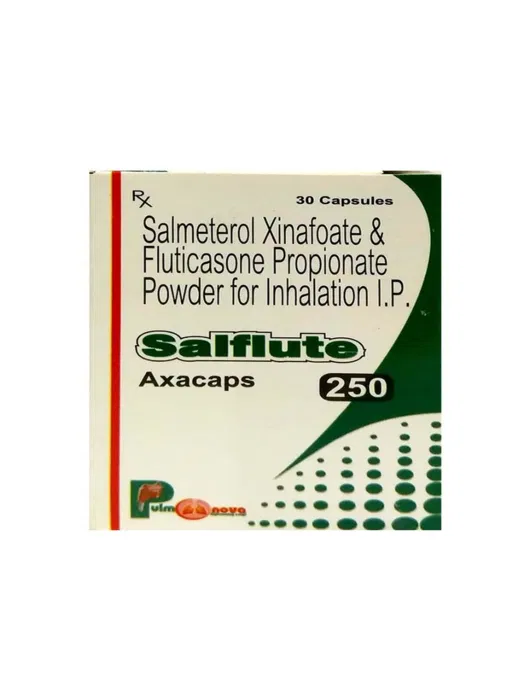 Salflute 250 Inhaler Box/Carton showing the Front face.