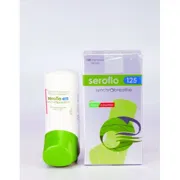 Seroflo 125 Synchrobreathe Box/Carton + Inhaler showing the Front face.