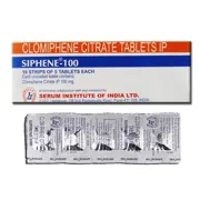 Siphene 100 Mg Box/Carton + Blister Pack showing the Front with blister pack visible face.