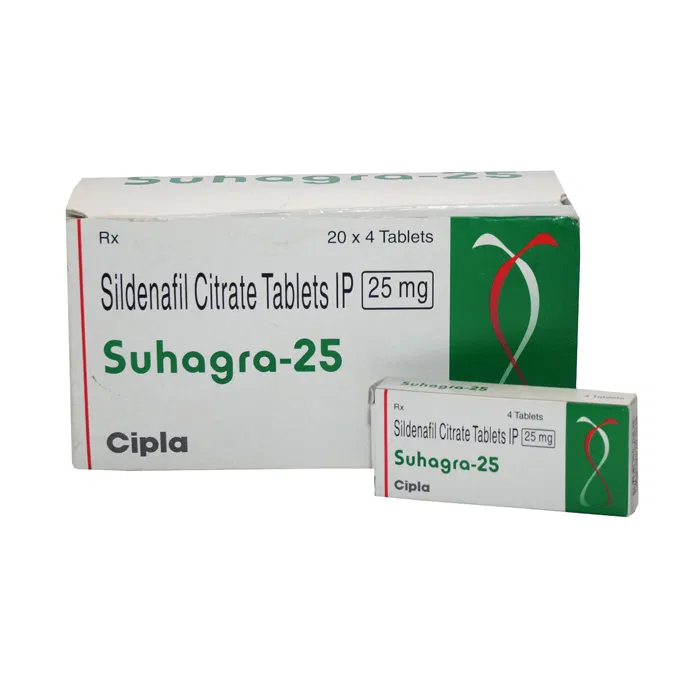 Suhagra 25 Mg Box/Carton + Box/Carton showing the Front face.