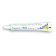 Supatret Gel 0.04% (20 gm) Tube showing the Front face.