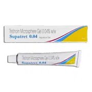 Supatret Gel 0.04% (20 gm) Box/Carton + Tube showing the Front face.