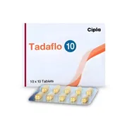 Tadaflo 10 Mg Tablet Box/Carton + Blister Pack showing the Front face.