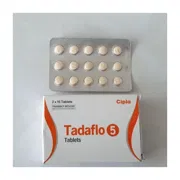 Tadaflo 5 Tablet Box/Carton + Blister Pack showing the Front face.
