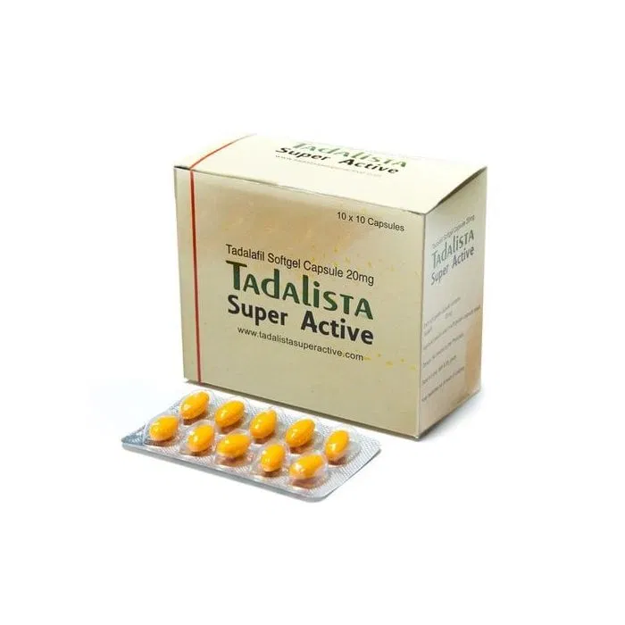 Tadalista Super Active 20 Mg Box/Carton + Blister Pack showing the Front face.