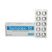 Tamorex 10 Mg Box/Carton + Blister Pack showing the Front face.