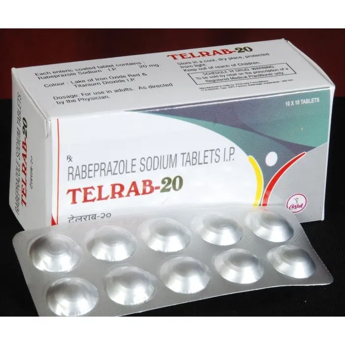 Telrab 20 Mg Tablet Box/Carton + Blister Pack showing the Front face.
