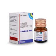 Thyrox 200 Tablet Box/Carton + Bottle showing the Front face.