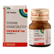 Thyrox 25 Tablet Box/Carton + Bottle showing the Front face.