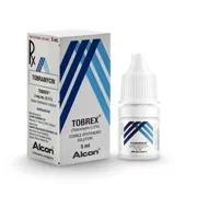 Tobrex 5 ml Box/Carton + Eye Drops Bottle showing the Front face.