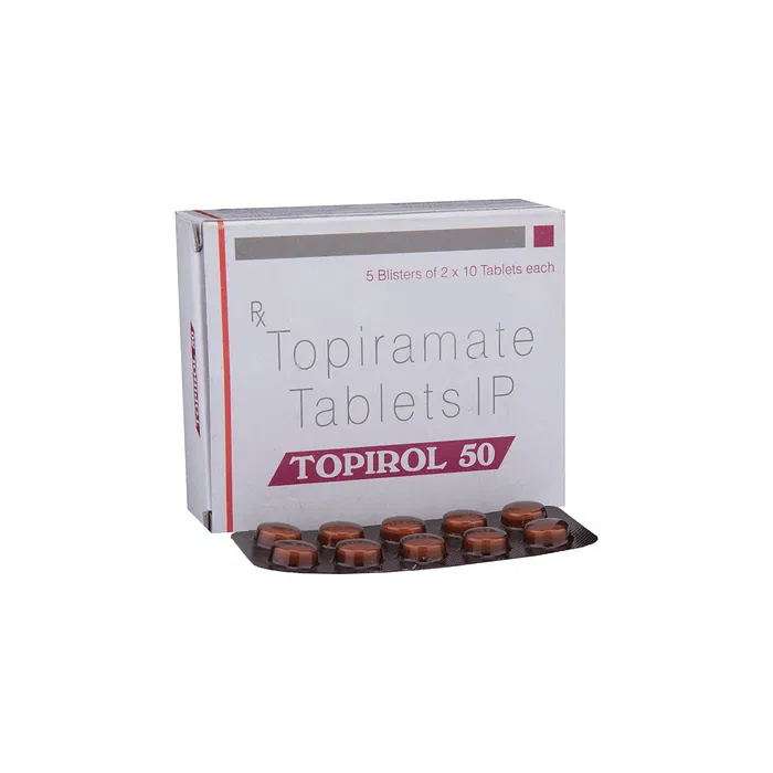 Topirol 50 Tablet Box/Carton + Blister Pack showing the Front face.