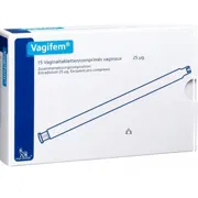 Vagifem 25 Mcg Box/Carton + Blister Pack showing the Front face.