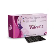 Valest 2 Tablet Box/Carton + Blister Pack showing the Front face.