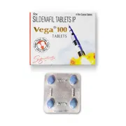 Vega 100 Mg Tablet Box/Carton + Blister Pack showing the Front and Back face.