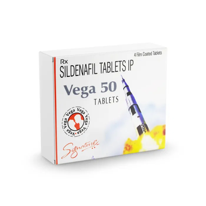Vega 50 Mg Tablet Box/Carton showing the Front face.