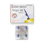 Vega 50 Mg Tablet Box/Carton + Blister Pack showing the Front face.