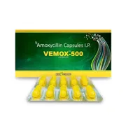 Vemox 500 Mg Capsule Box/Carton + Blister Pack showing the Front face.