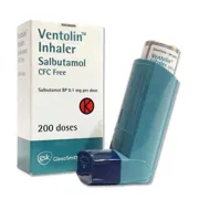 Ventorlin CFC Free Inhaler 100 Mcg-18 Mg Box/Carton + Inhaler showing the Front face.