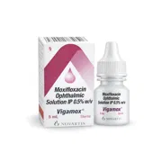 Vigamox Ophthalmic Solution Box/Carton + Eye Drops Bottle showing the Front face