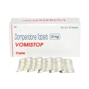 Vomistop 10 Mg Box/Carton + Blister Pack showing the Front face.