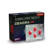 Zeagra 100 Mg Tablet pack and strip front view.