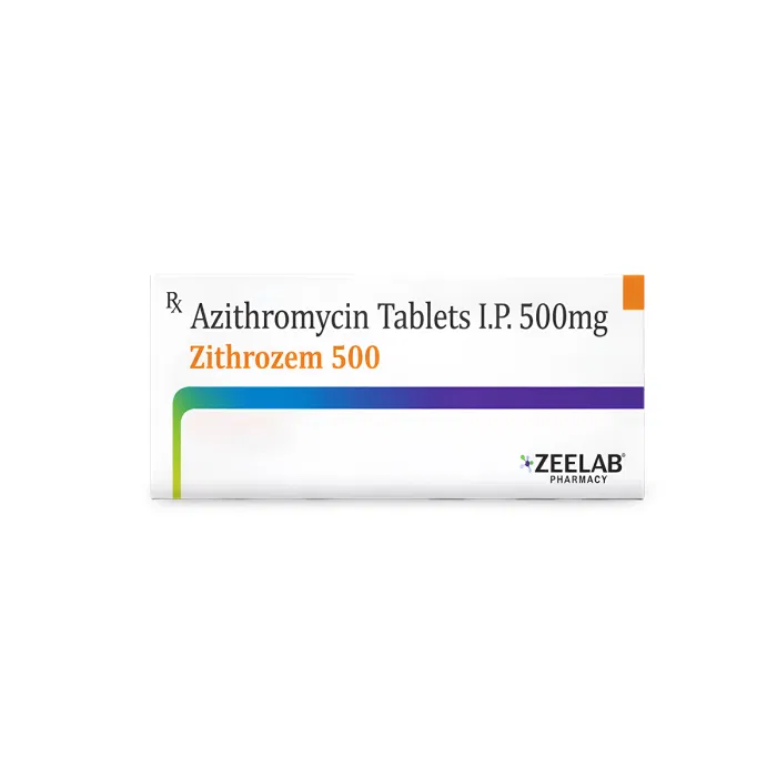Zithrozem 500 mg Tablet Box/Carton showing the Front face