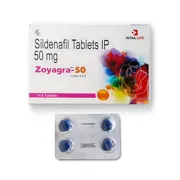 Zoyagra 50Mg Tablet pack and strip front view.