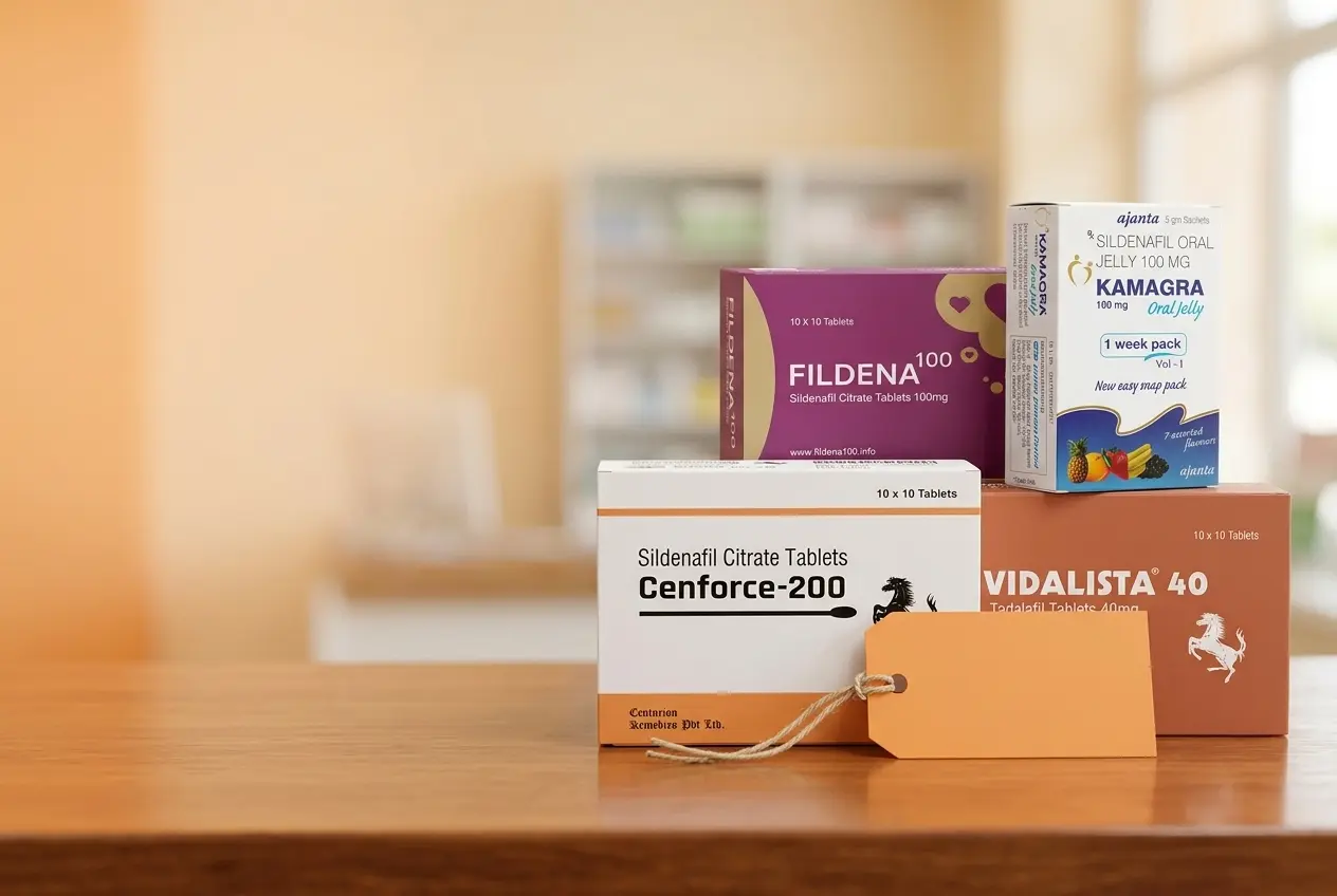Medicine packs on a counter with a discount tag